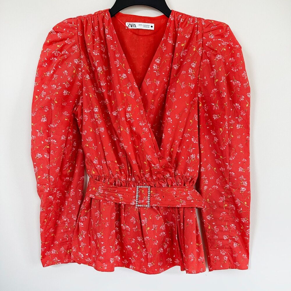 Zara Floral Wrap Blouse XS Puff Sleeve Belted Peplum Long Sleeve Red Boho